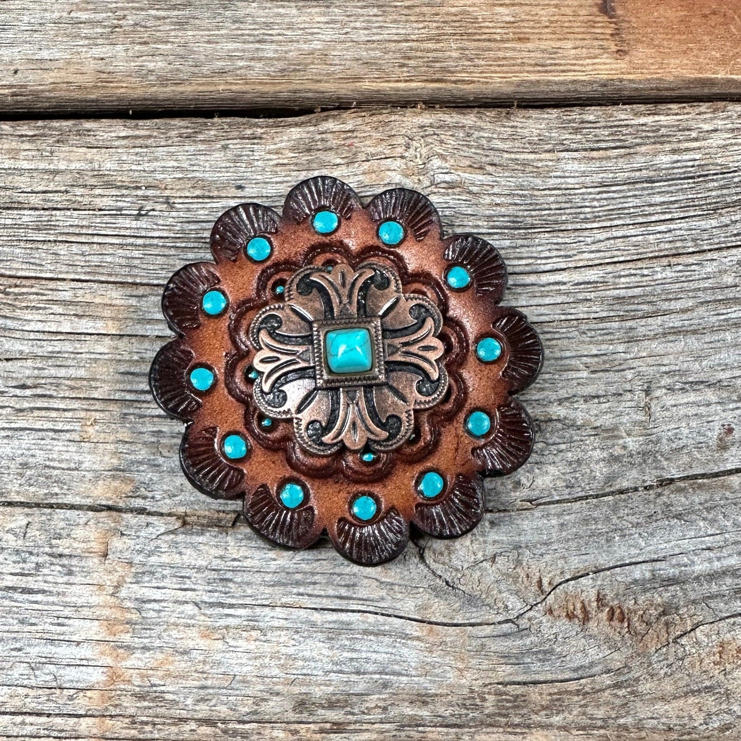 Leather Rosette Dark Oil Edges with Copper Fleur-De-Lis Western Concho R112W141S