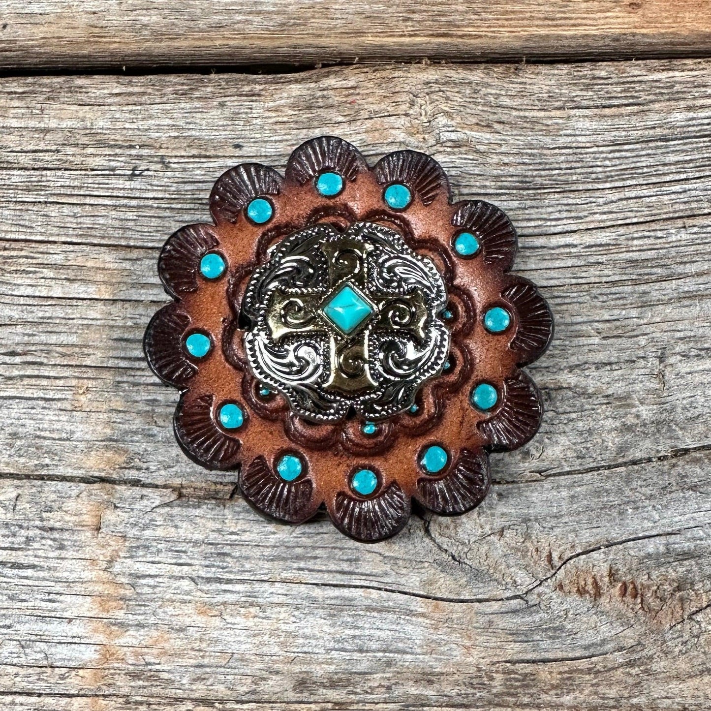Leather Rosette Dark Oil Edges with Antique Silver and Gold cross Western Concho R112W189S