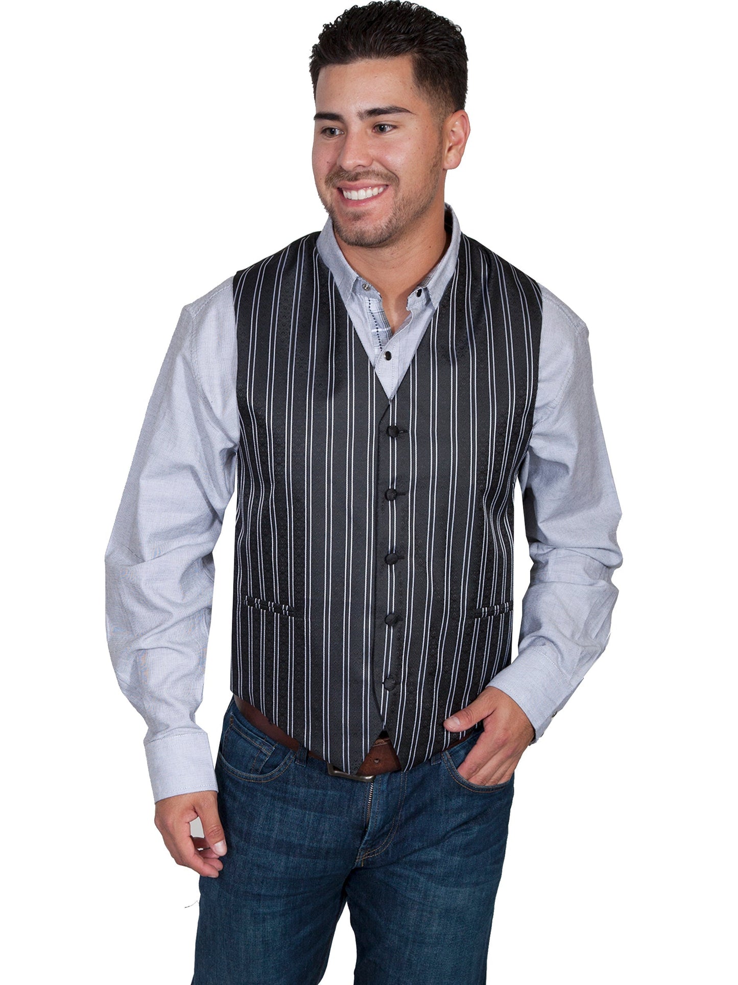 No Lapel Blk/wht Pinstripe Vest - RW169NXT