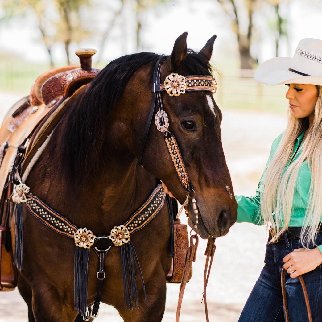Two Tone Leather - Brass Studded Gold Browband / Breastcollar Tack Set #BBBC538