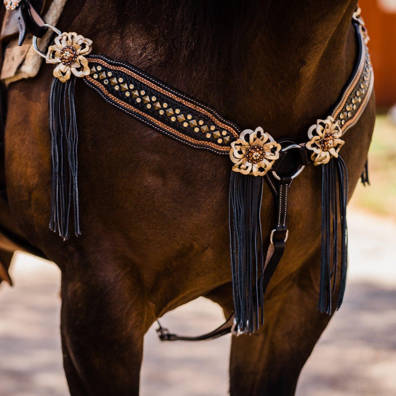 Two Tone Leather - Brass Studded Gold Browband / Breastcollar Tack Set #BBBC538