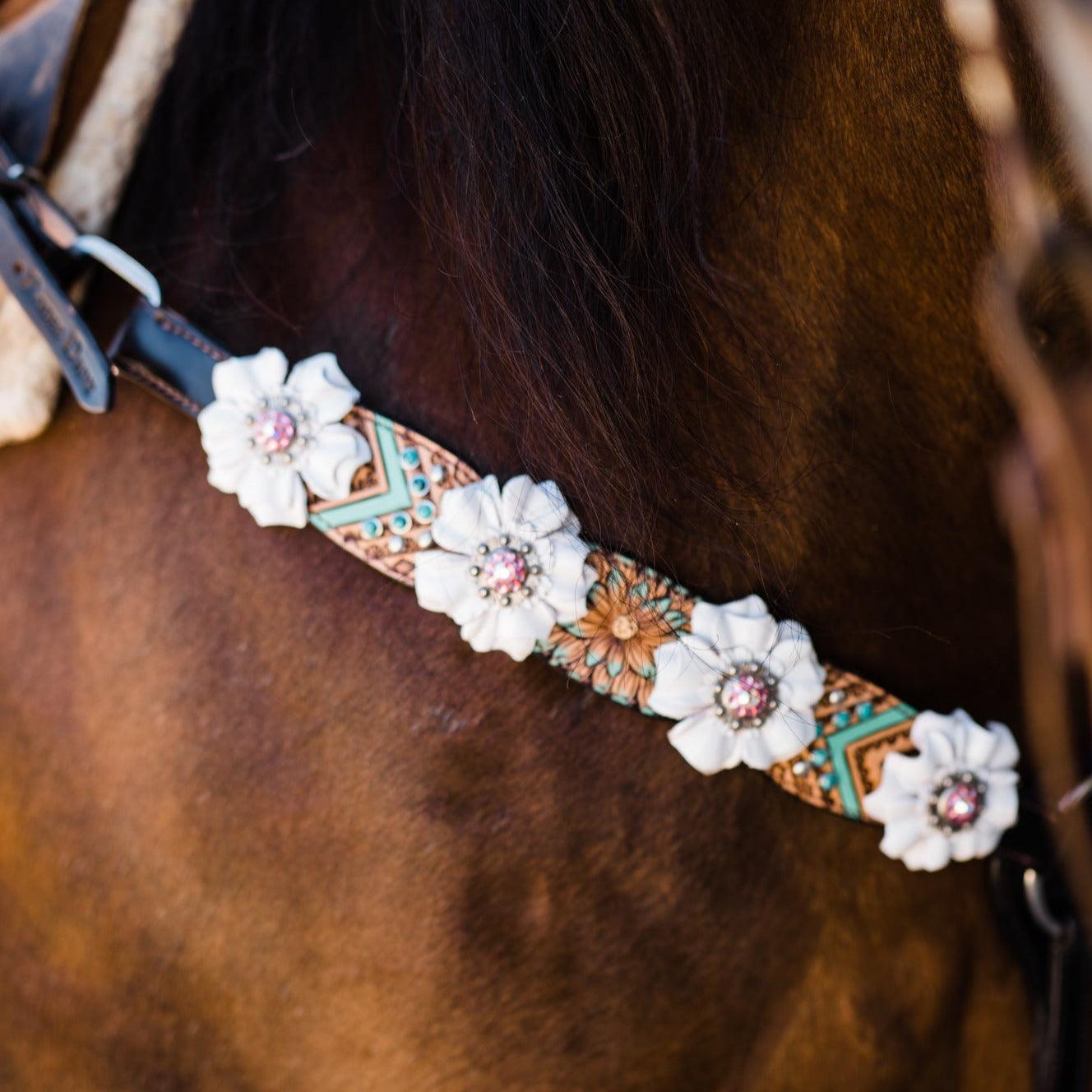 Two Tone Floral Pink and White Browband/ Breastcollar Tack Set #BBBC539