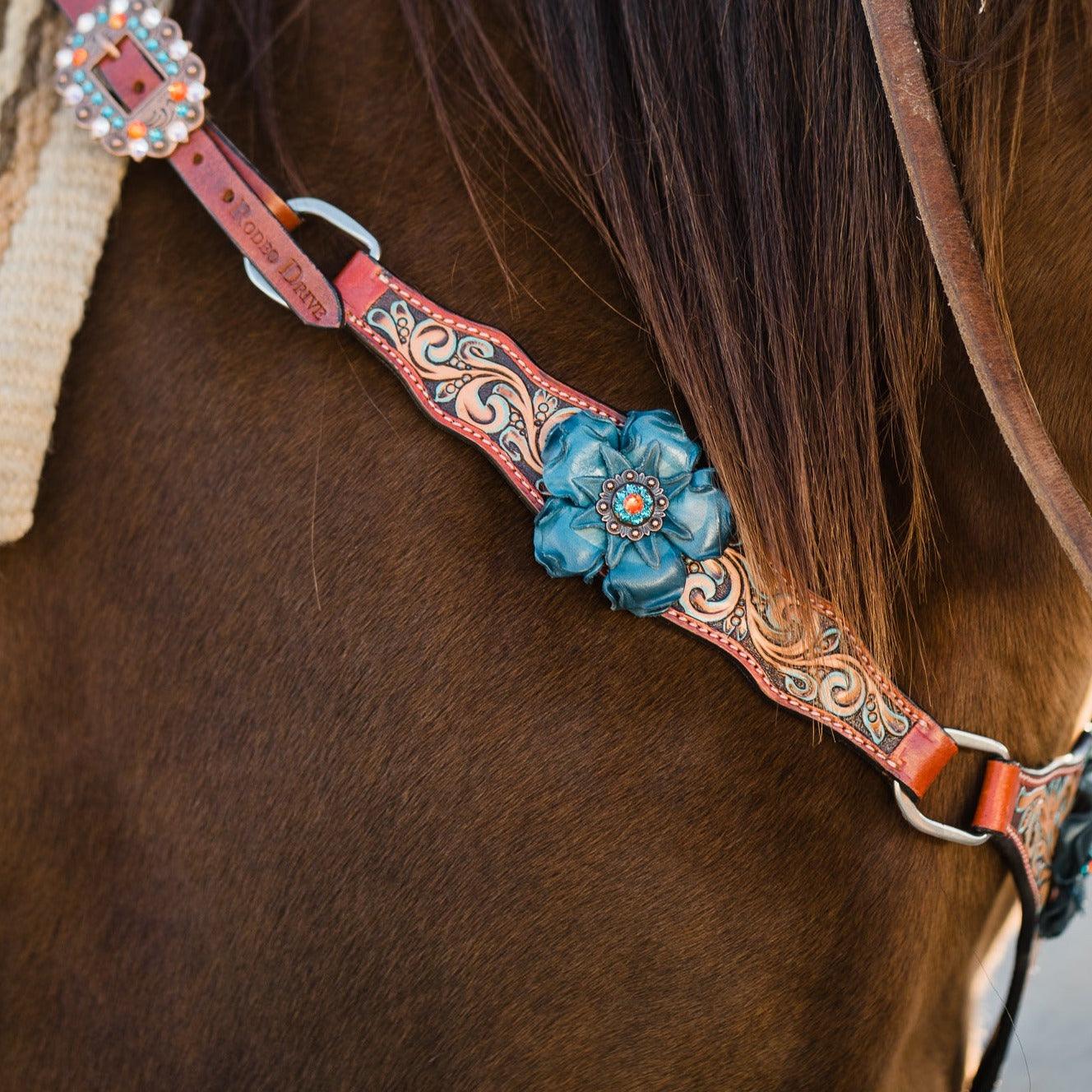 Rust Triangle Turquoise Flower One Ear/ Breastcollar Tack Set #OEBC533