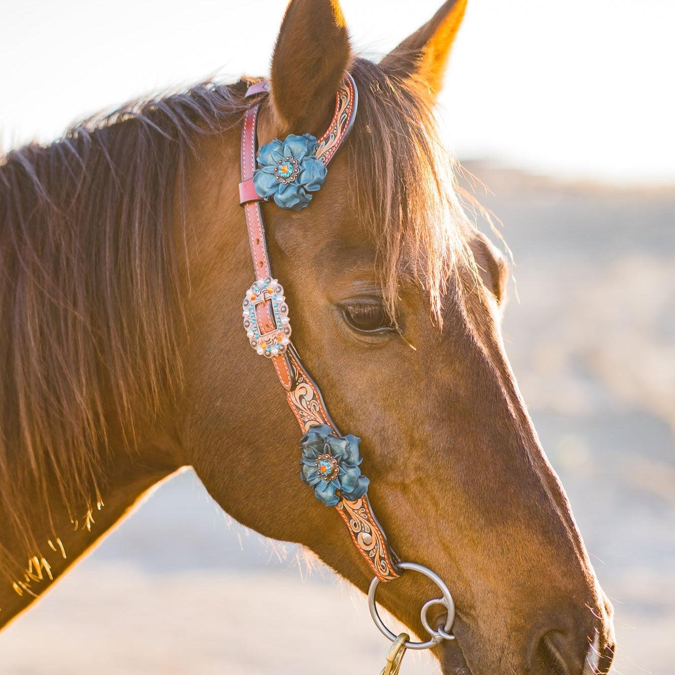 Rust Triangle Turquoise Flower One Ear/ Breastcollar Tack Set #OEBC533