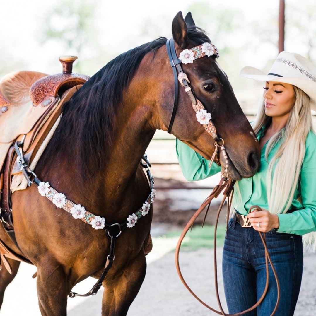 Two Tone Floral Pink and White Browband/ Breastcollar Tack Set #BBBC539
