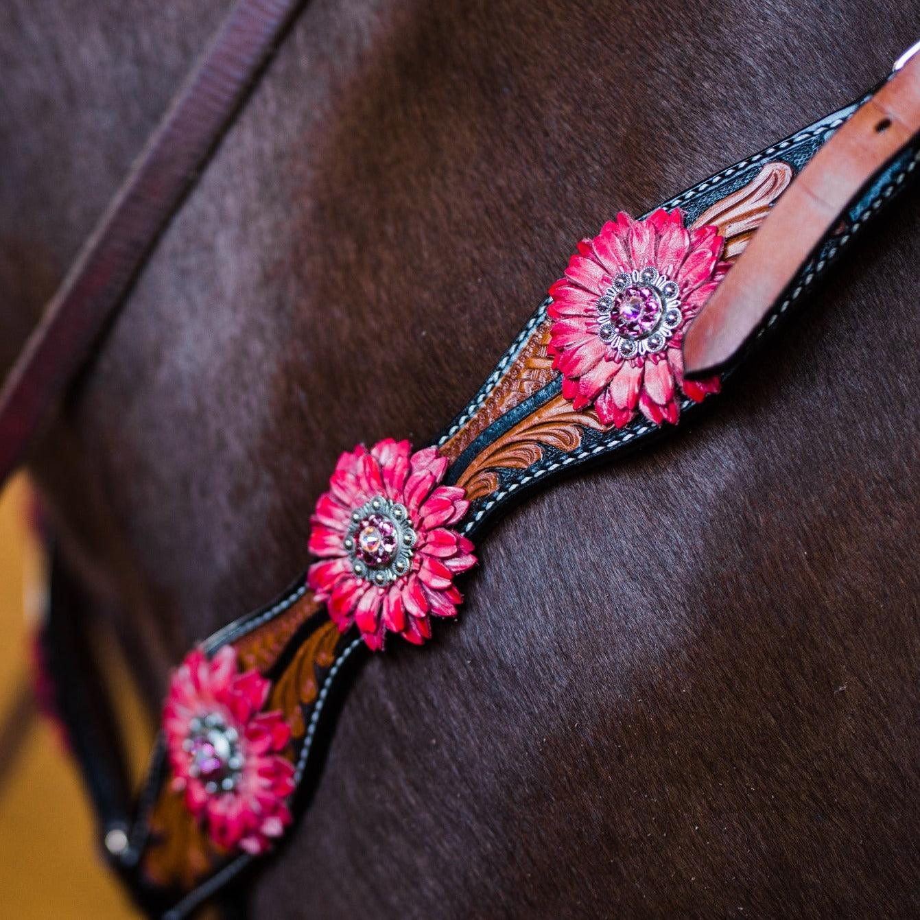 Leaf Scalloped Two Tone Pink Daisy One Ear Headstall / Bridle & Breastcollar Set #OEBC410