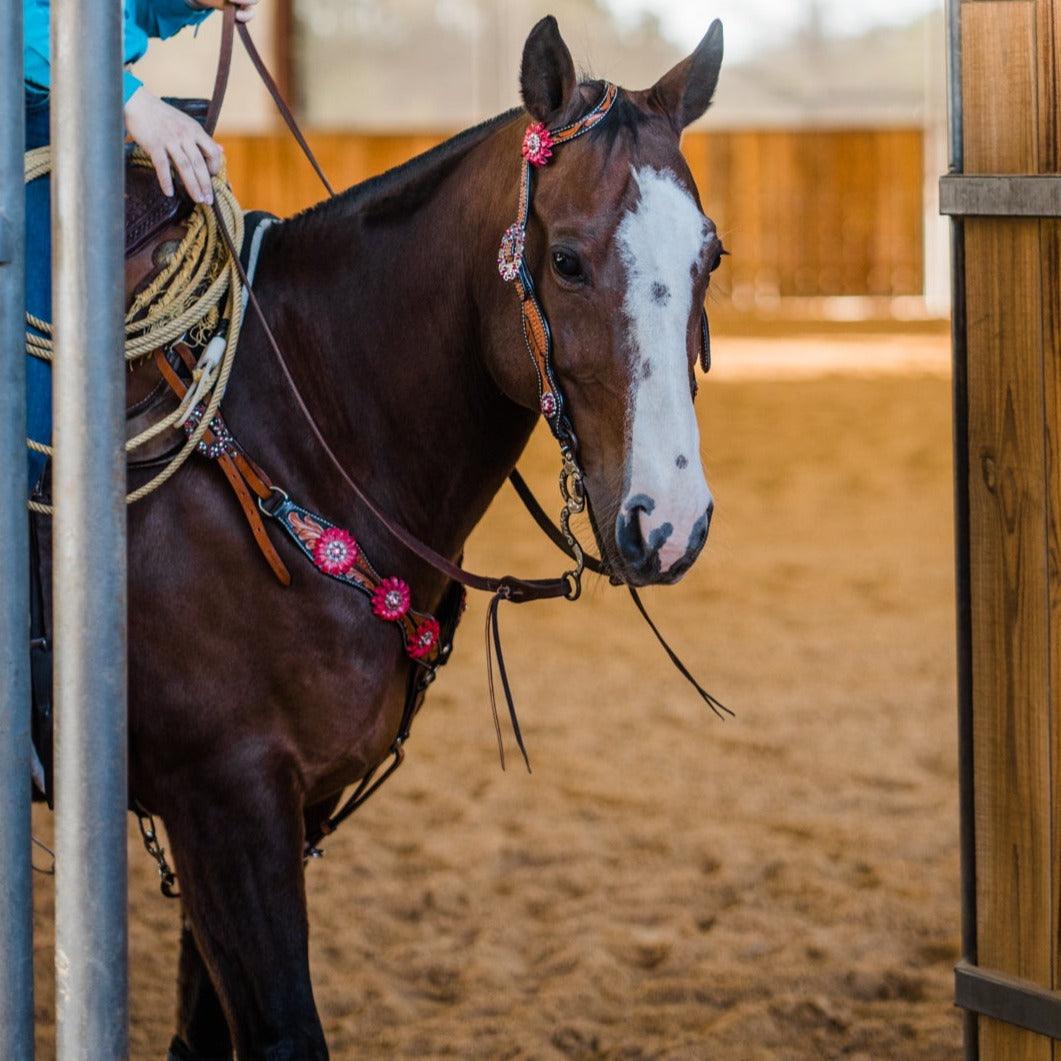 Leaf Scalloped Two Tone Pink Daisy One Ear Headstall / Bridle & Breastcollar Set #OEBC410