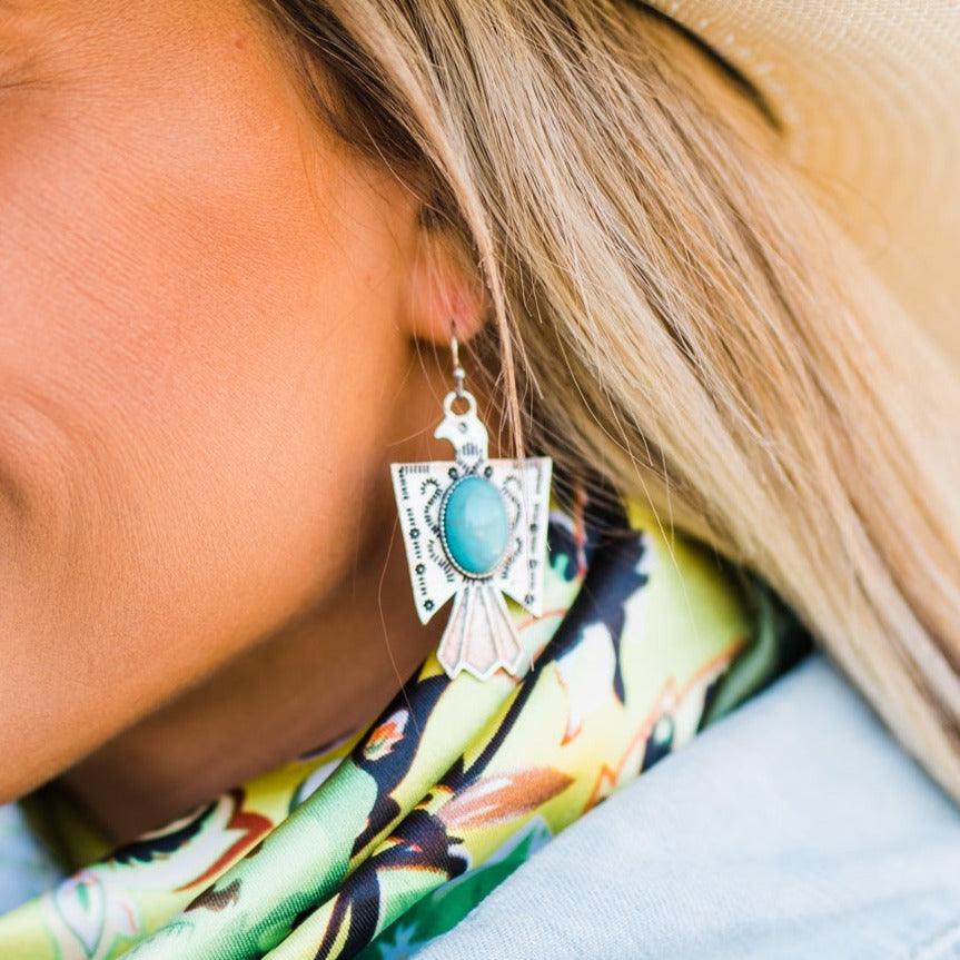 Thunderbird Turquoise Dangle Silver Fashion Earrings WA131