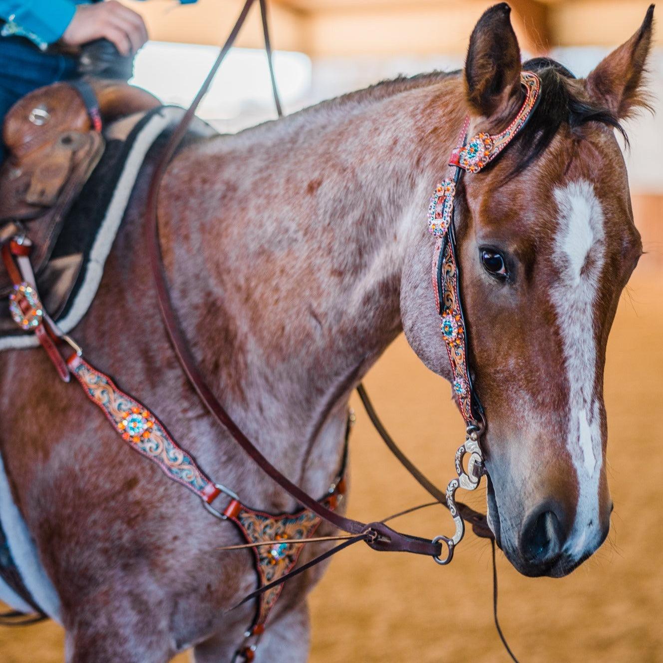 Rust Triangle Fire Opal and Teal One Ear/ Breastcollar Tack Set #OEBC518