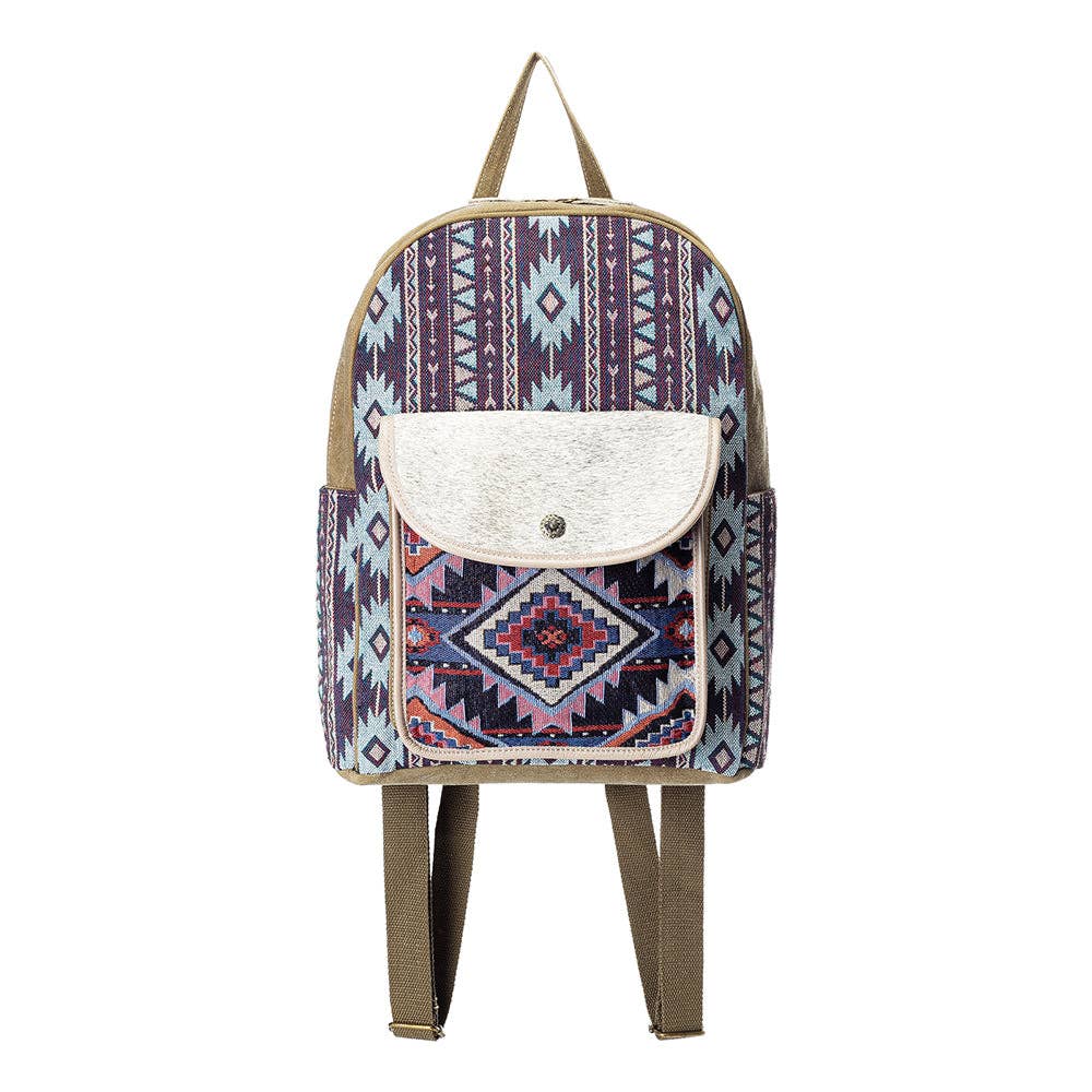 Roundabout Blue Western Aztec Canvas & Cowhide Backpack