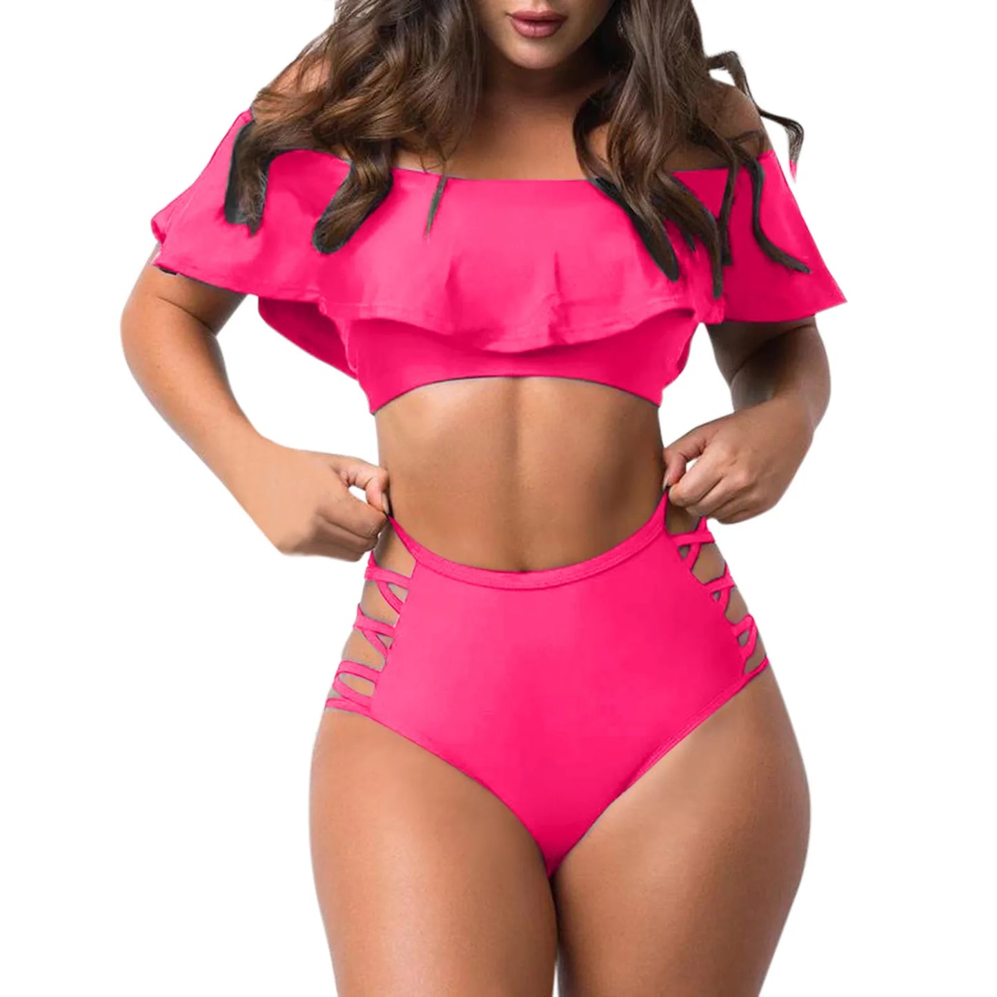 Sexy Off Shoulder Bikini Sets Ruffled Bandage Swimsuit Women High Waist Bandeau Push Up Swimwear Set Beach Mujer Biquini Suit