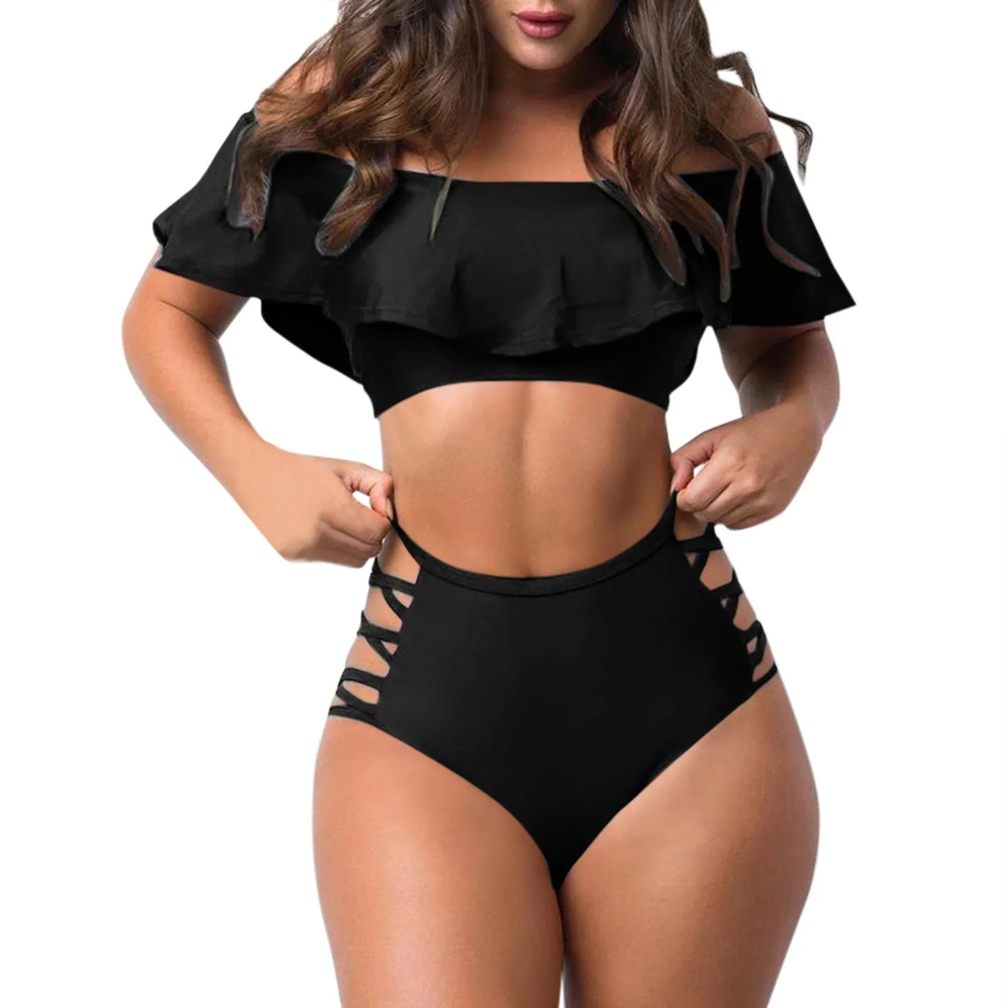 Sexy Off Shoulder Bikini Sets Ruffled Bandage Swimsuit Women High Waist Bandeau Push Up Swimwear Set Beach Mujer Biquini Suit