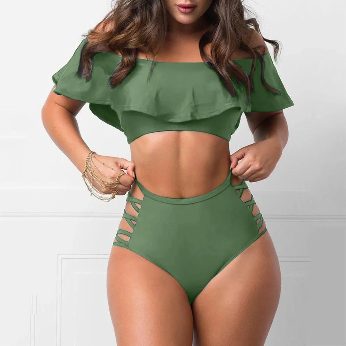 Sexy Off Shoulder Bikini Sets Ruffled Bandage Swimsuit Women High Waist Bandeau Push Up Swimwear Set Beach Mujer Biquini Suit
