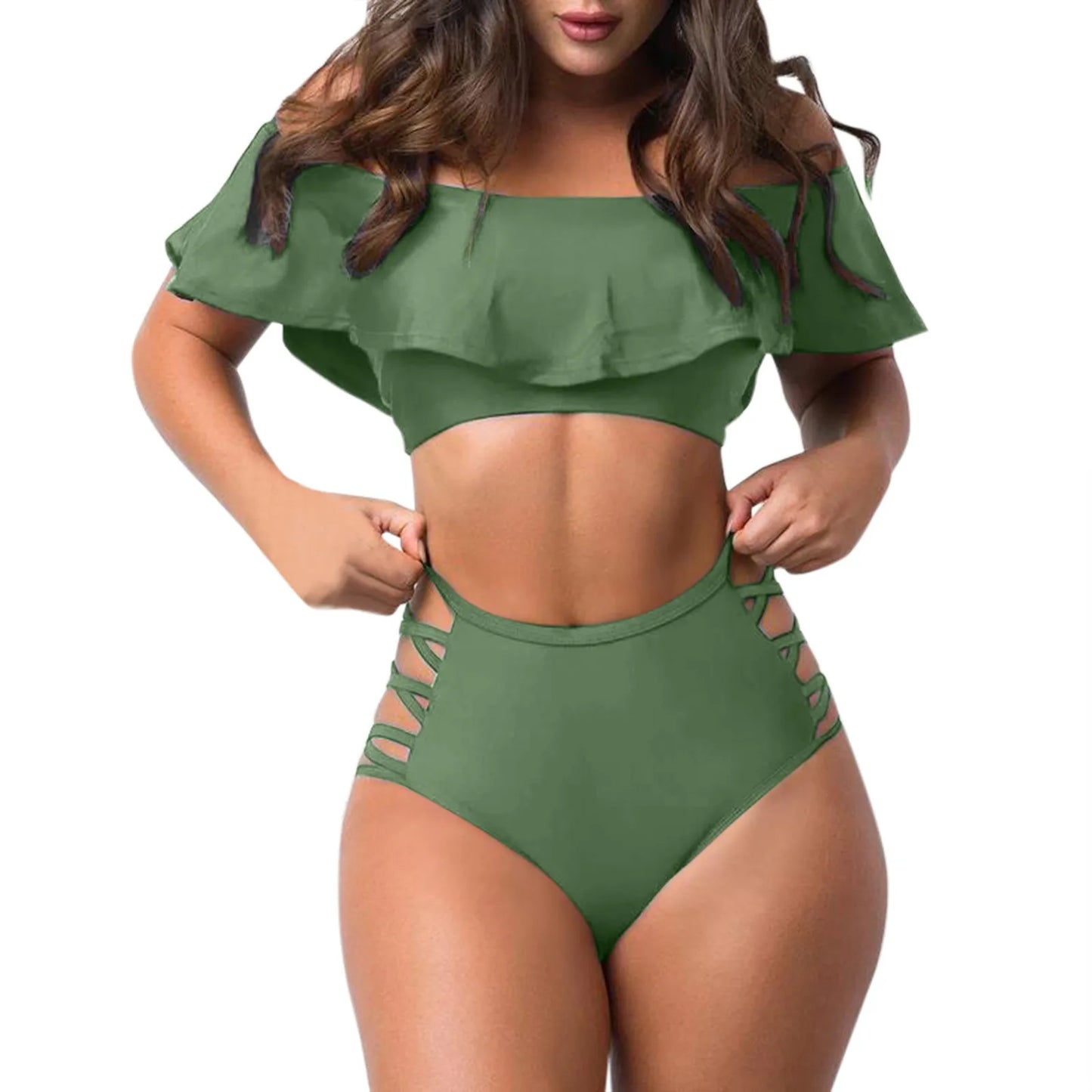 Sexy Off Shoulder Bikini Sets Ruffled Bandage Swimsuit Women High Waist Bandeau Push Up Swimwear Set Beach Mujer Biquini Suit