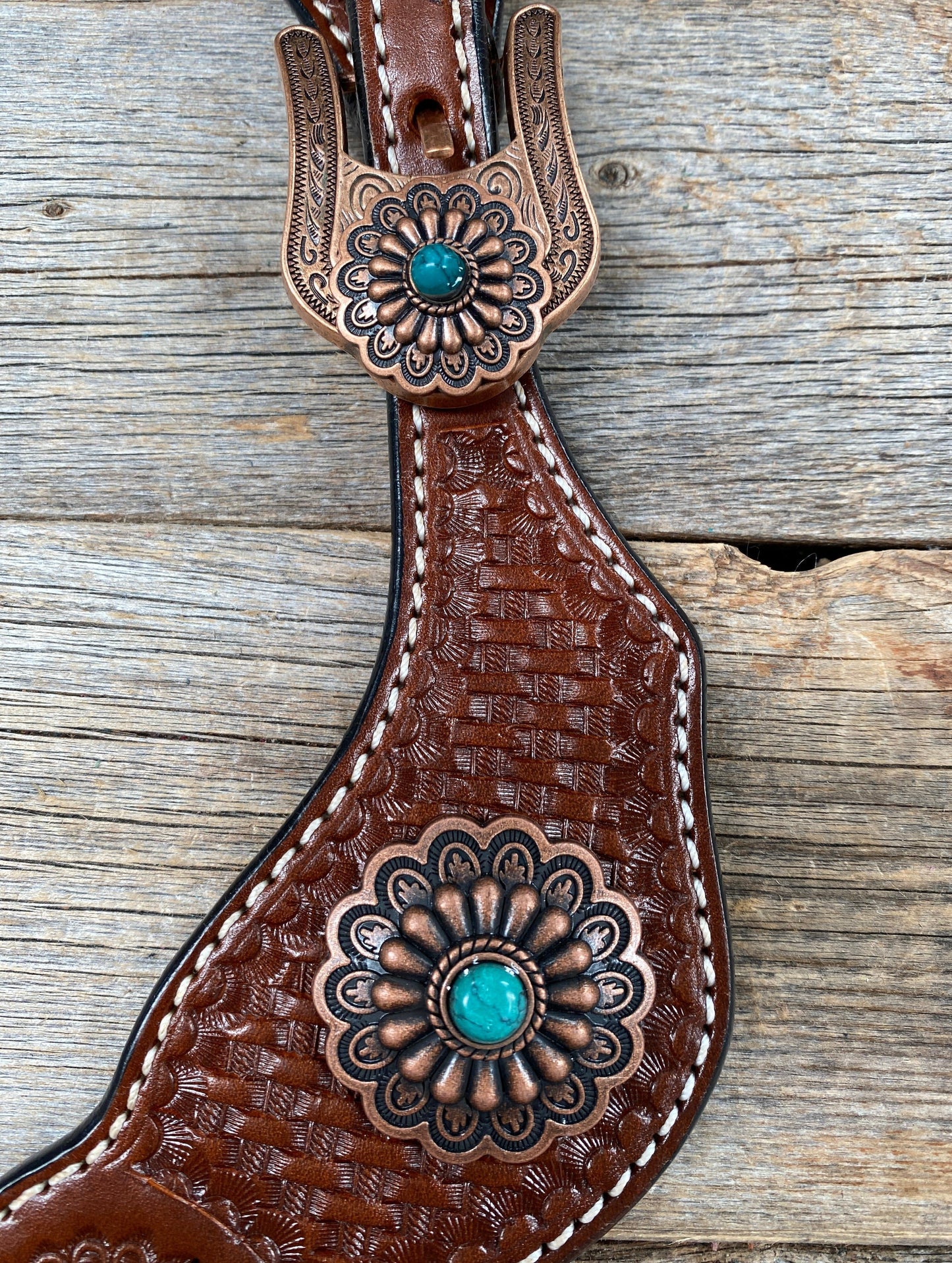 Medium Basketweave Spur Straps - Copper Flower Western Conchos #SS113