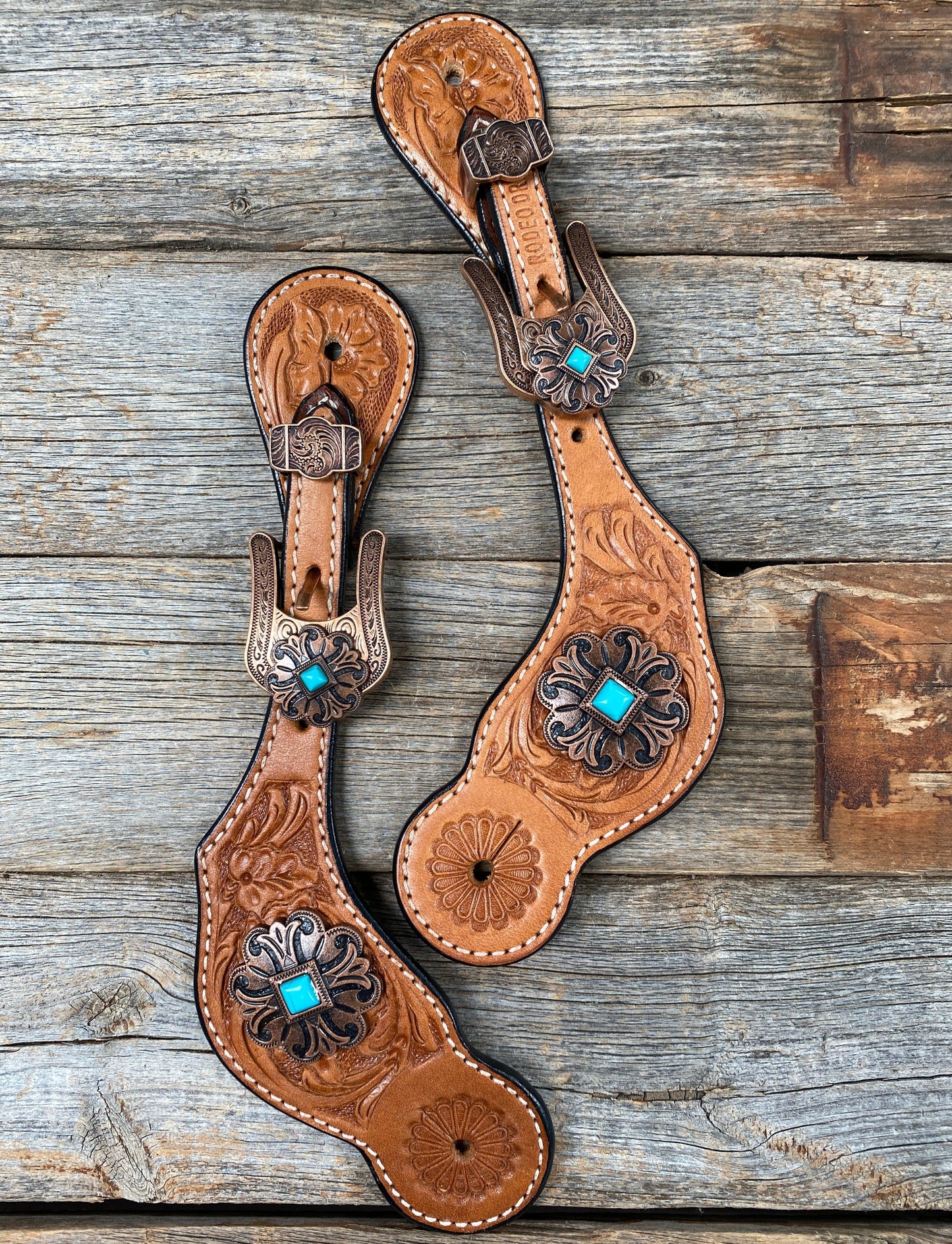 Light Floral Spur Straps - Copper Fleur-De-Lis Western Conchos #SS114