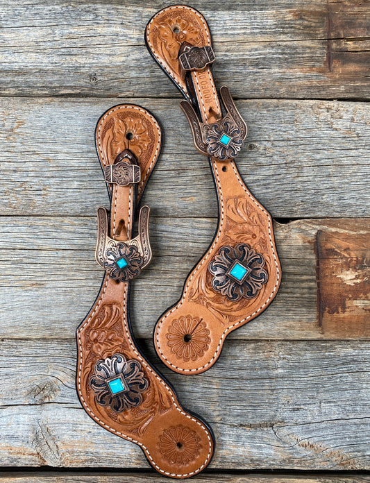 Light Floral Spur Straps - Copper Fleur-De-Lis Western Conchos #SS114