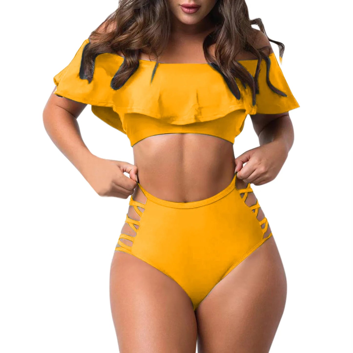 Sexy Off Shoulder Bikini Sets Ruffled Bandage Swimsuit Women High Waist Bandeau Push Up Swimwear Set Beach Mujer Biquini Suit