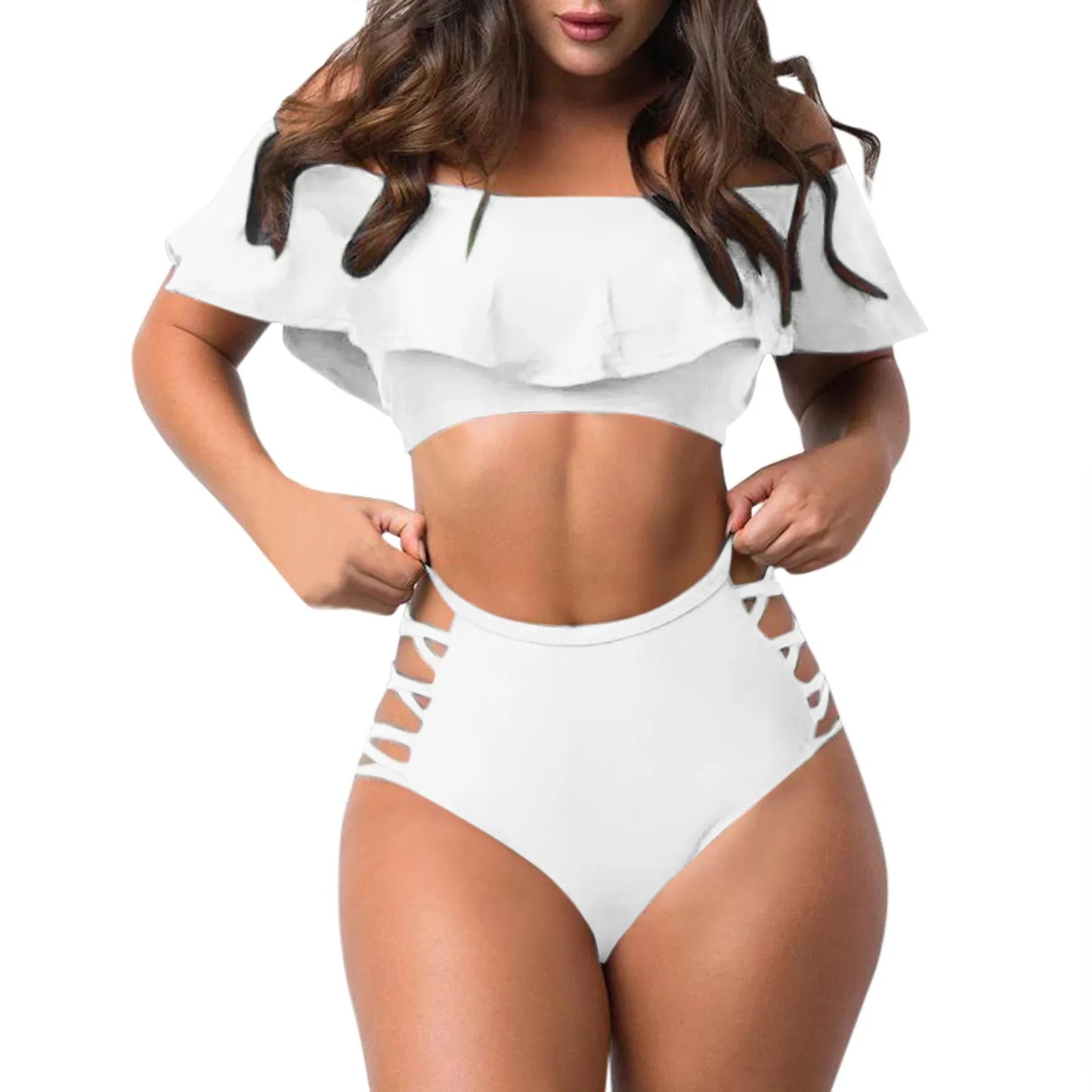 Sexy Off Shoulder Bikini Sets Ruffled Bandage Swimsuit Women High Waist Bandeau Push Up Swimwear Set Beach Mujer Biquini Suit