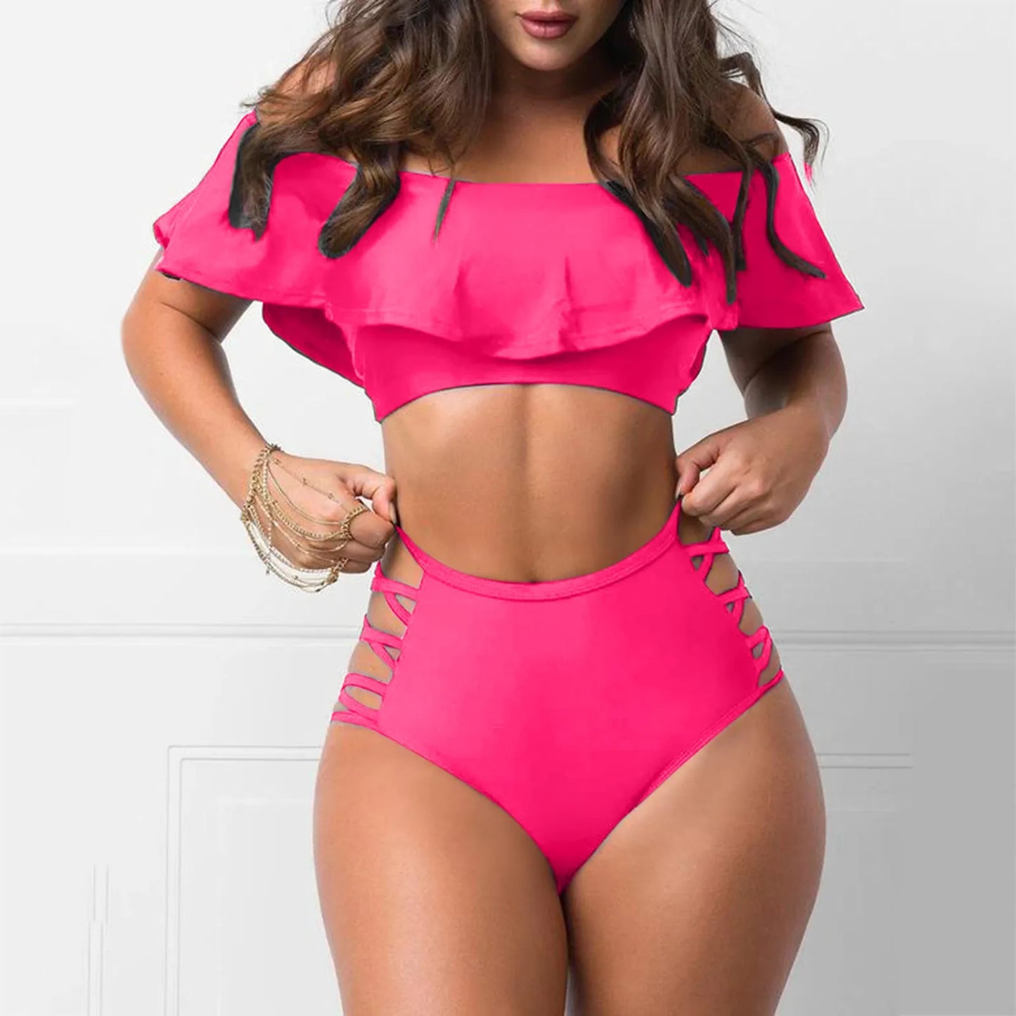 Sexy Off Shoulder Bikini Sets Ruffled Bandage Swimsuit Women High Waist Bandeau Push Up Swimwear Set Beach Mujer Biquini Suit
