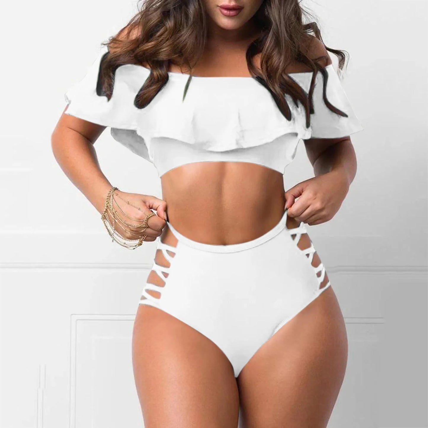 Sexy Off Shoulder Bikini Sets Ruffled Bandage Swimsuit Women High Waist Bandeau Push Up Swimwear Set Beach Mujer Biquini Suit