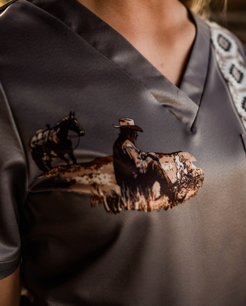 Grey Cowboy Scrub Top