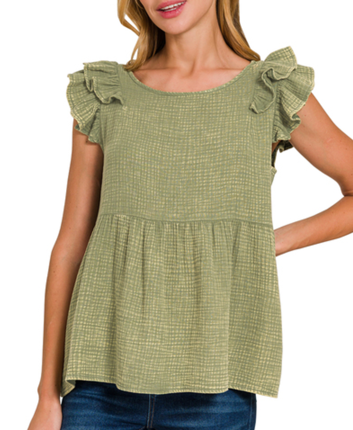 Lite Olive - Gauze Acid Washed Tiered Ruffle Peplum Top
