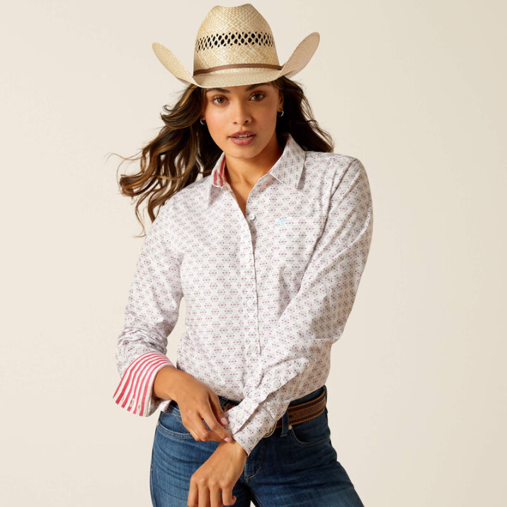 Kirby Stretch Shirt- Pink Peacock Stripe