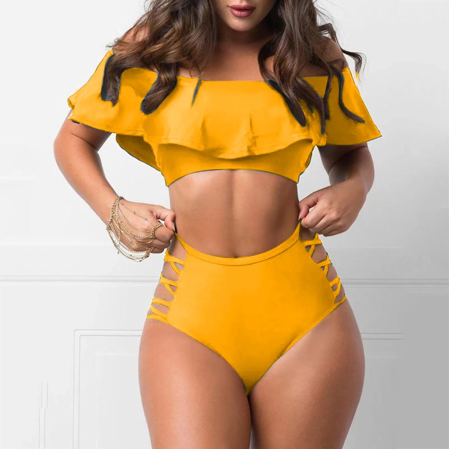 Sexy Off Shoulder Bikini Sets Ruffled Bandage Swimsuit Women High Waist Bandeau Push Up Swimwear Set Beach Mujer Biquini Suit