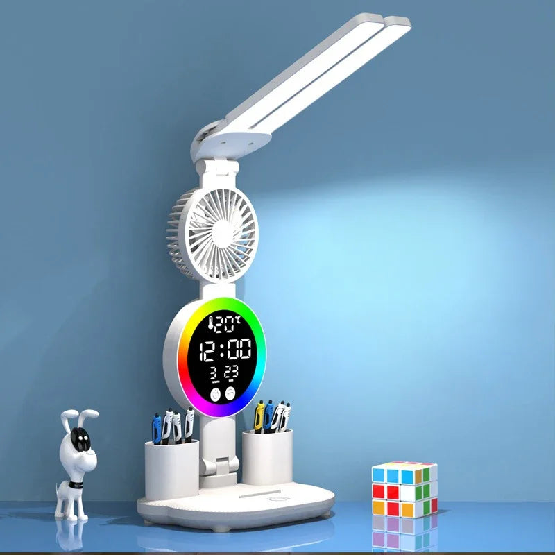 Rechargeable Or C-Type Plug In LED Table Lamp with Fan, Clock Display, and Adjustable Reading Light for Study and Night Use