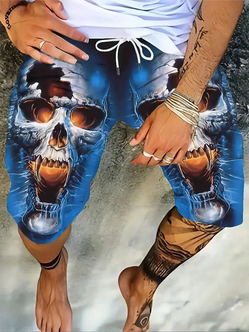 Spring Collection New Men's Summer Casual Shorts 3D Skull Print Creative Cool Street Vacation Polyester Soft BreathableBeach PantsSurfboard Shorts