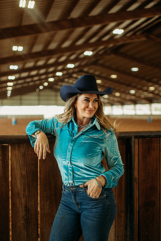 TURQUOISE VELVET PERFORMANCE RODEO SHIRT