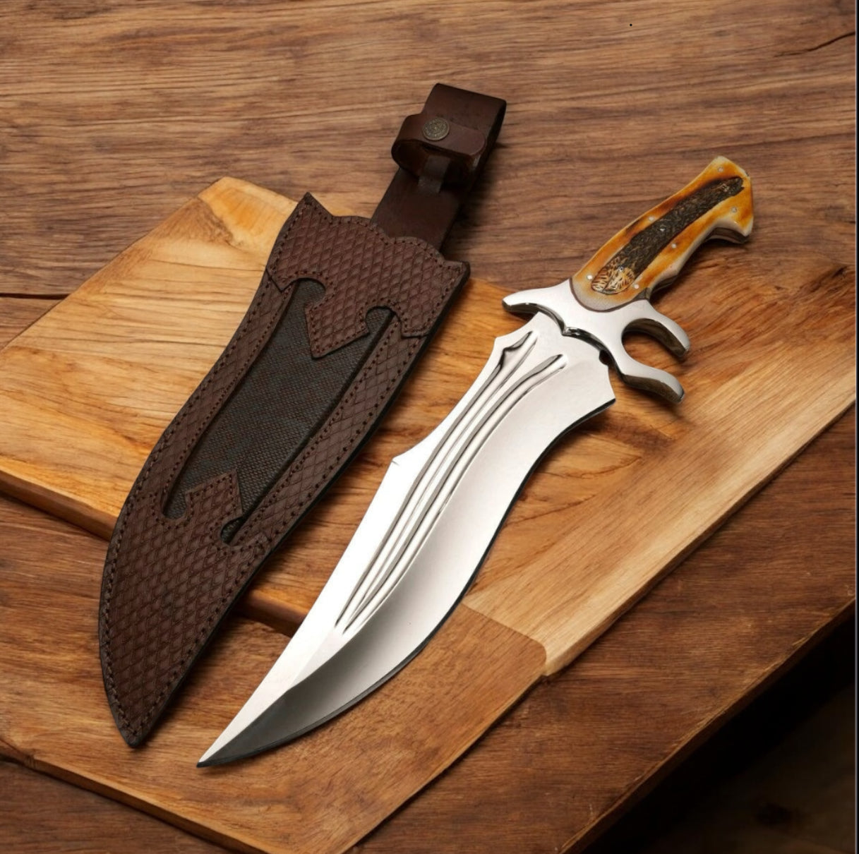 Texan Best Bowie Knife – 16" J2 Steel Blade with Camel Bone Handle & Leather Case