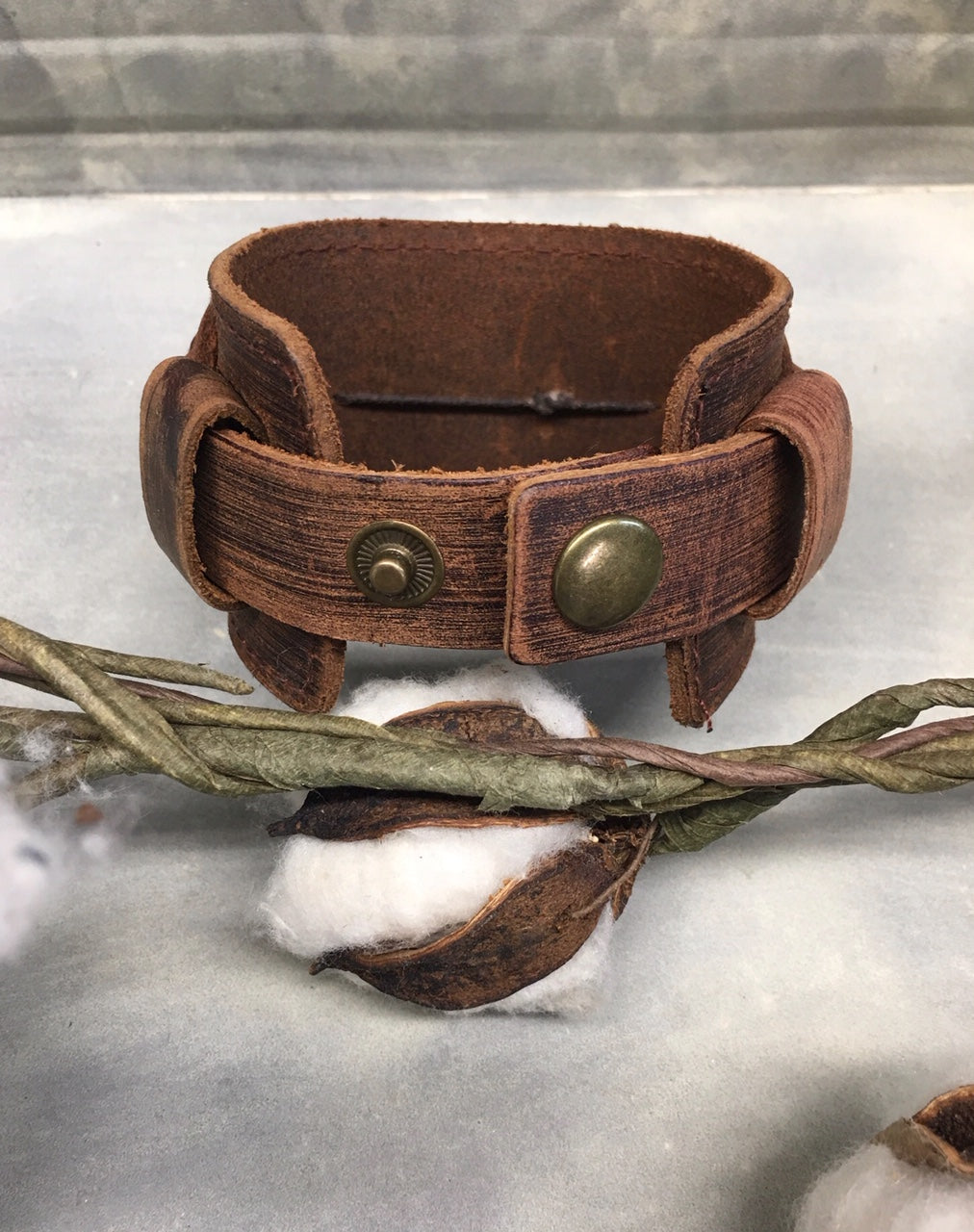Dusty Leather Cuff with Ocean Agate Slab