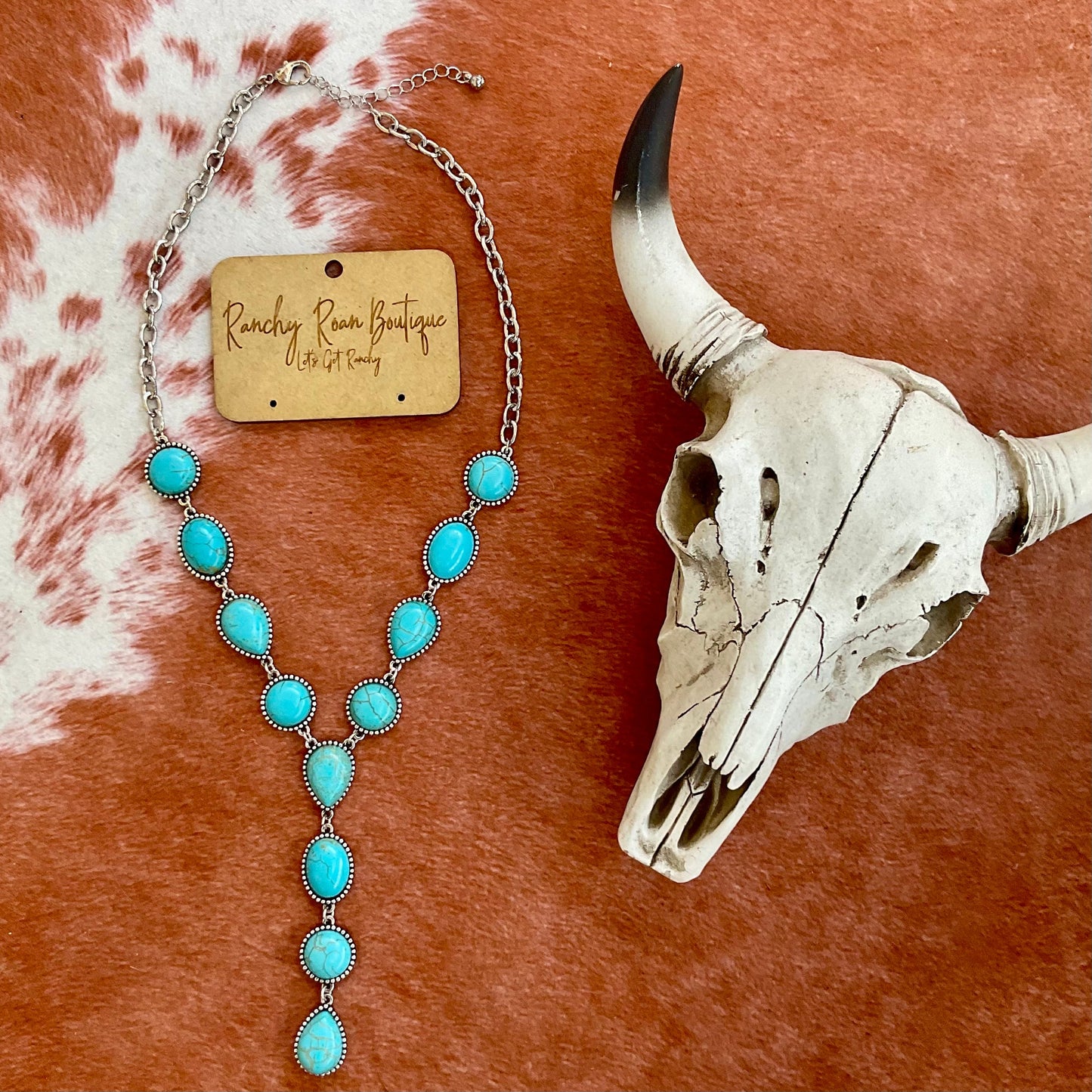Western Cabochon Stone Y Necklace – Burnished Silver and Turquoise