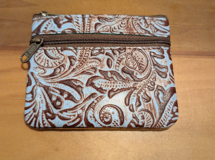 Embossed Leather Coin Purse – Western Tooled Turquoise Zip Pouch