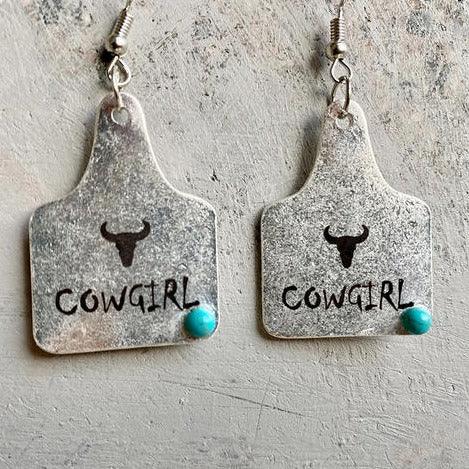 Cowgirl Cow Tag Dangle Silver Fashion Earrings WA161