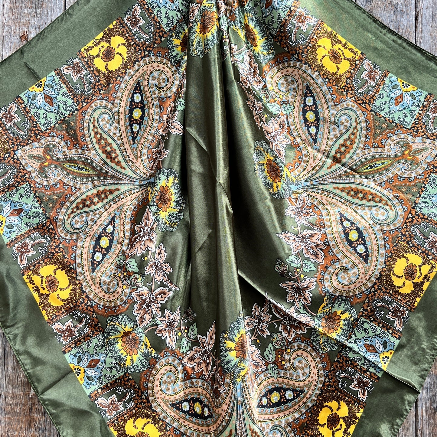 35X35" Olive Tone Paisley Wild Rag / Scarf -Copper Clear Slide WRC1001A