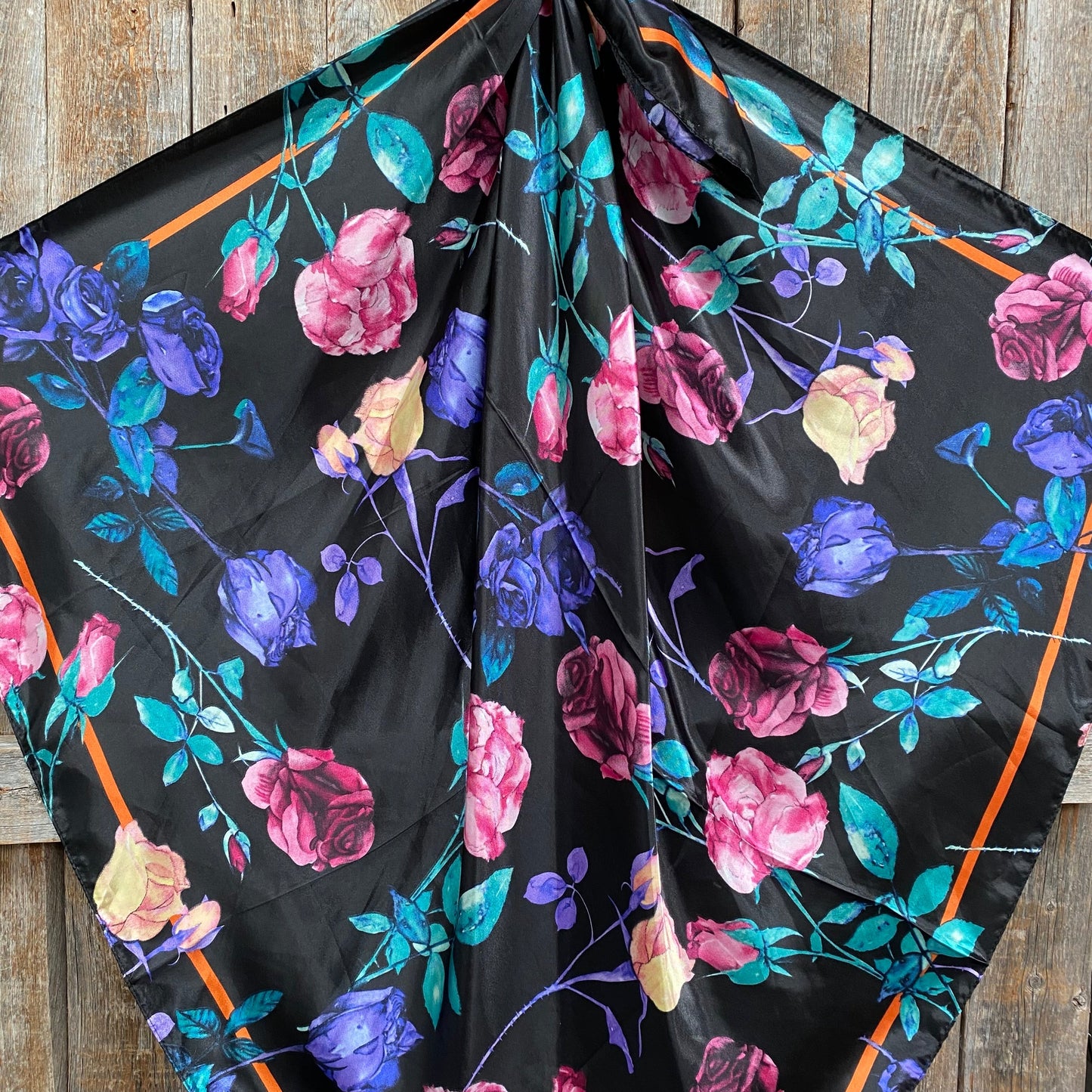35X35"  Black with Pink & Purple Roses Wild Rag / Scarf WR140