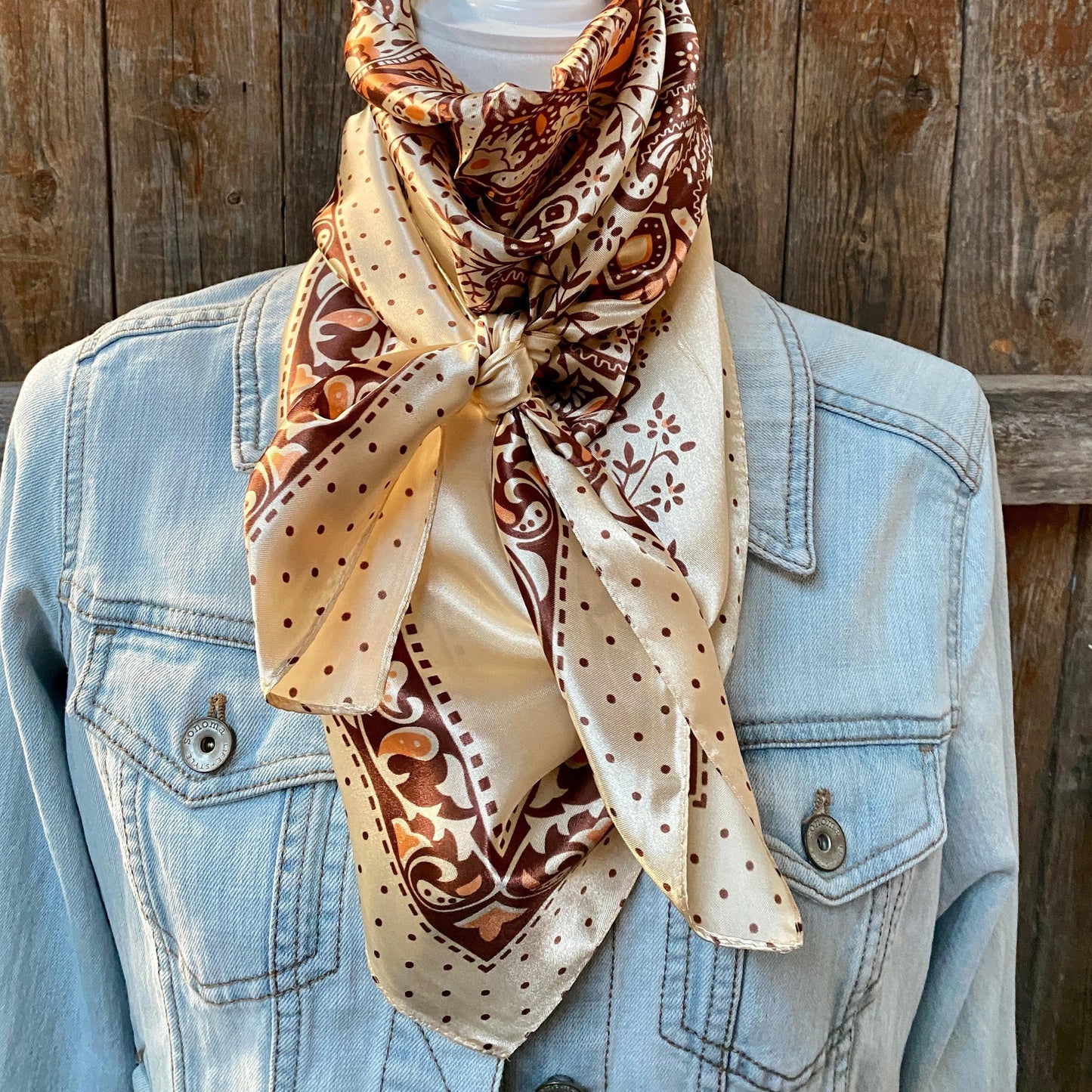 35X35" Tan/Brown Polka Dot & Paisley Wild Rag / Scarf WR445