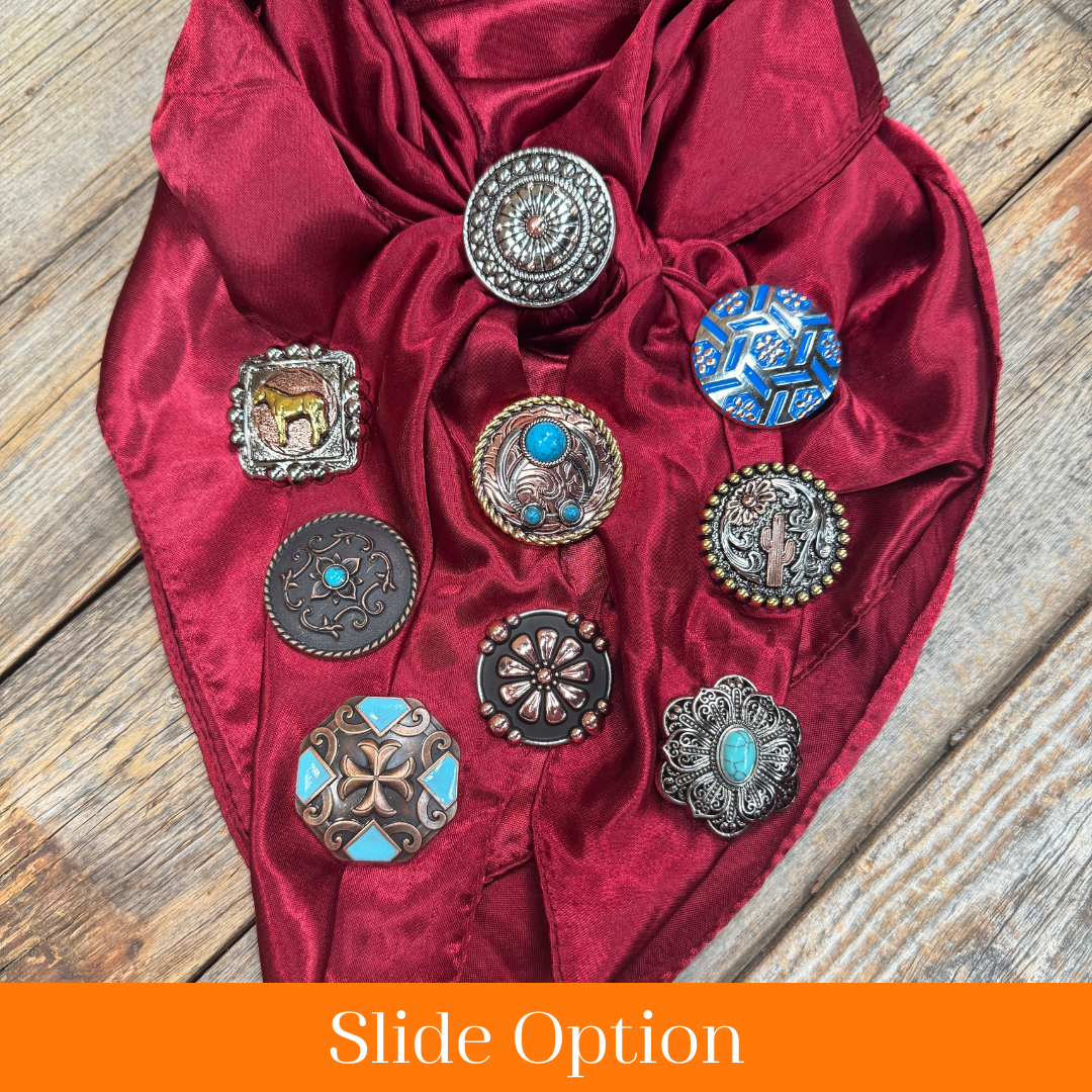 35X35" Solid Burgundy Wild Rag / Scarf WRS14 - Western Concho Wild Rag Slides - Assorted