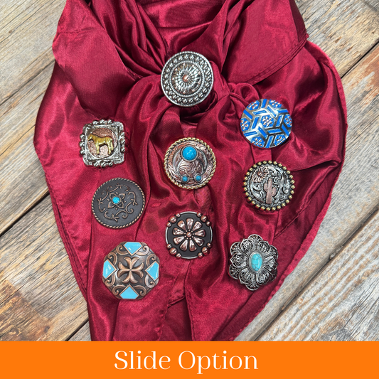 35X35" Solid Burgundy Wild Rag / Scarf WRS14 - Western Concho Wild Rag Slides - Assorted