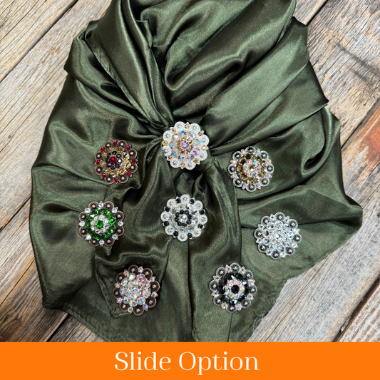 35X35" Solid Olive Wild Rag / Scarf WRS28 - Crystal Concho Wild Rag Slides - Assorted