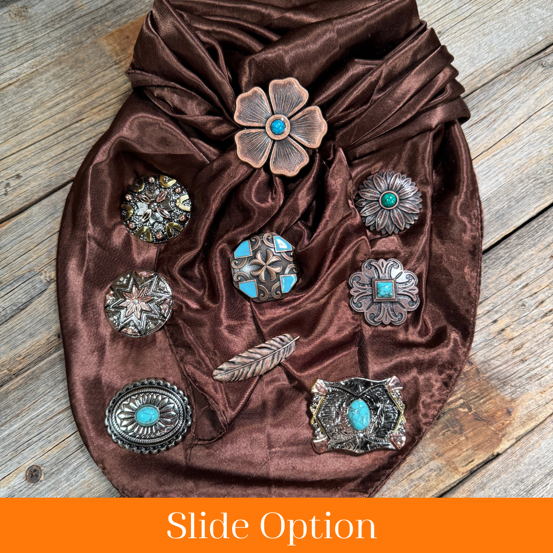 35X35" Solid Brown Wild Rag / Scarf WRS2 - Western Concho Wild Rag Slides - Assorted