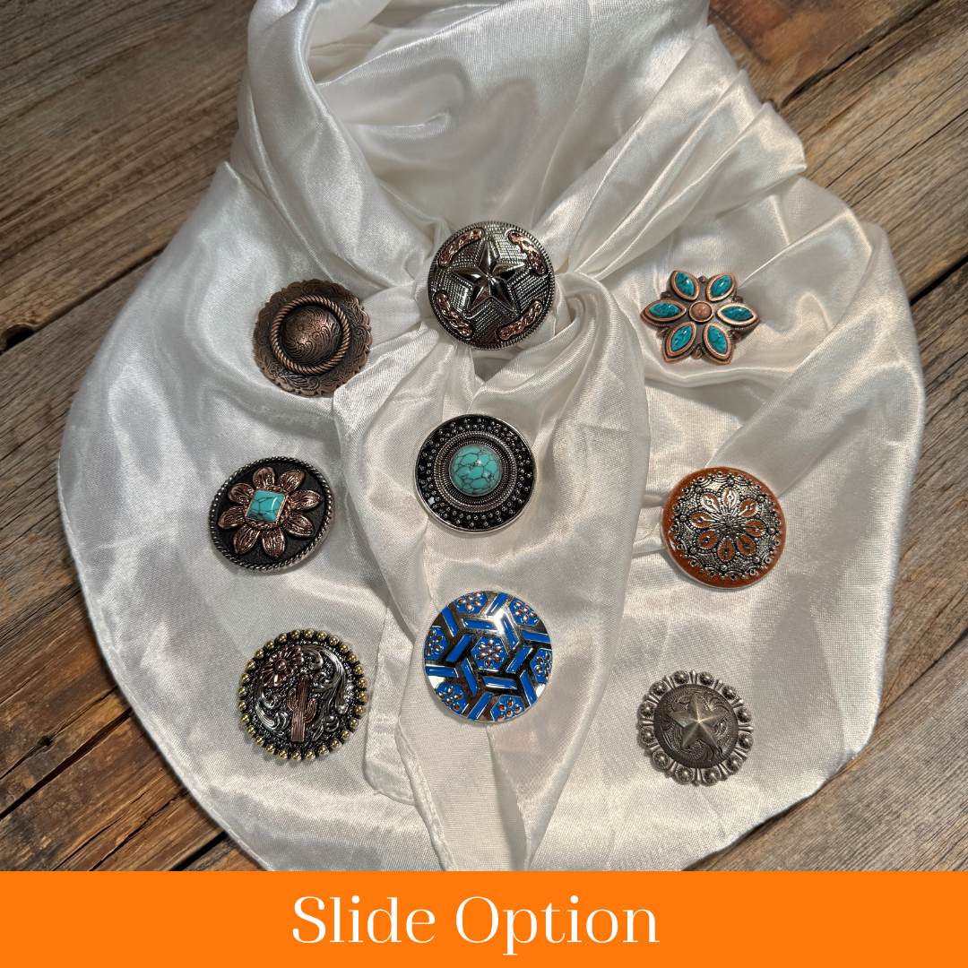 35X35" Solid White Wild Rag / Scarf WRS3 - Western Concho Wild Rag Slides - Assorted