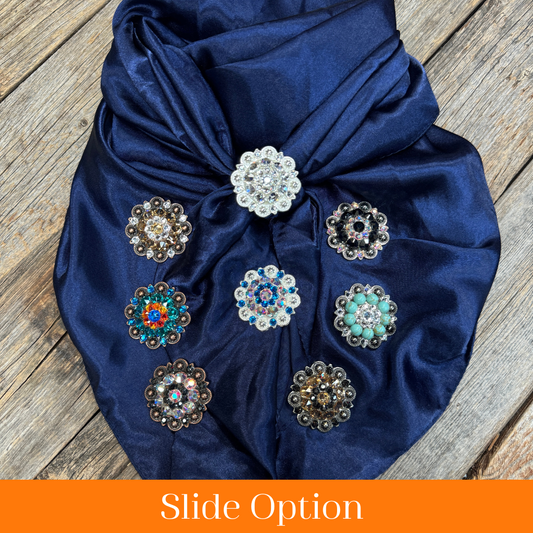 35X35" Solid Dark Blue Wild Rag / Scarf WRS9 - Crystal Concho Wild Rag Slides - Assorted