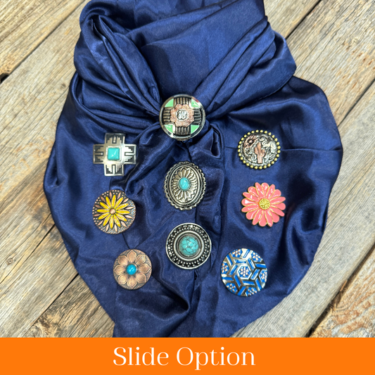35X35" Solid Dark Blue Wild Rag / Scarf WRS9 - Western Concho Wild Rag Slides - Assorted