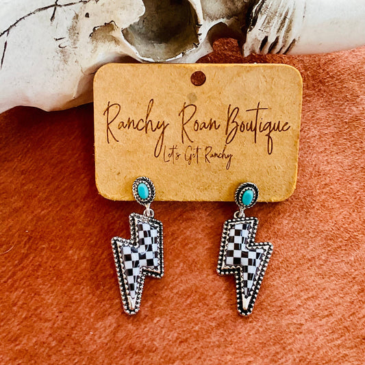 Western Lightning Bolt Checker Earrings with Turquoise Accent