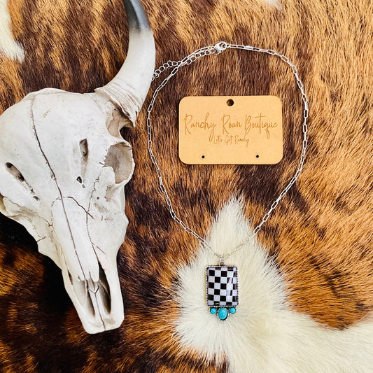 Western Rectangular Checker Turquoise Necklace