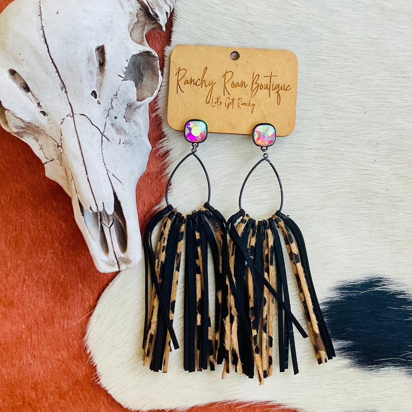 Black Western Glass Stone Teardrop Leather Tassel Stud Earrings